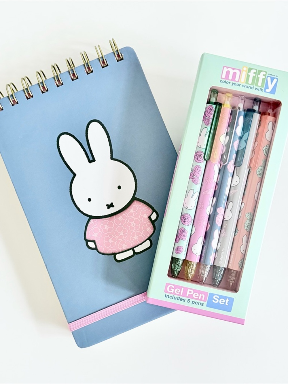 miffy Blue Spiral Notebook with 5 Floral-Accented Gel Pen Set